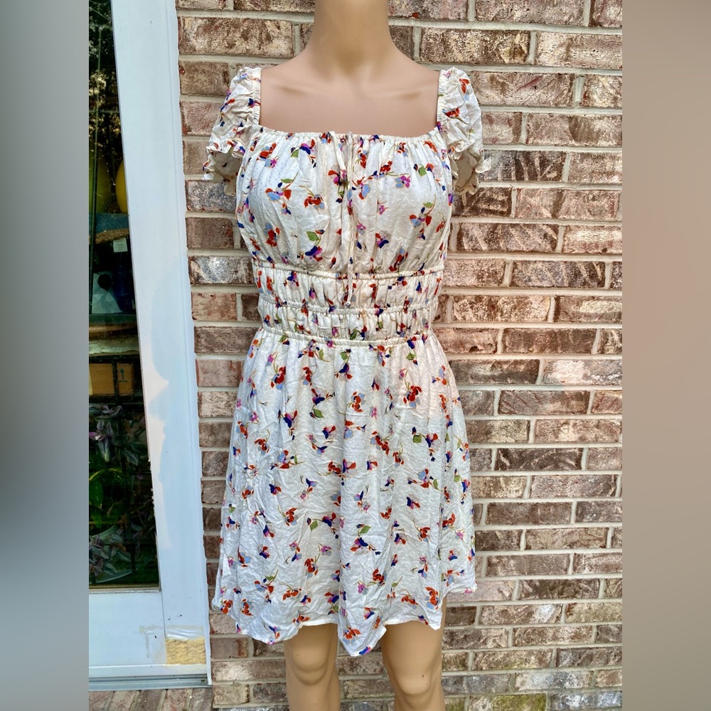White Multi Color Floral Milkmaid Peasant Ruched Puff Sleeve Copper Key Sundress